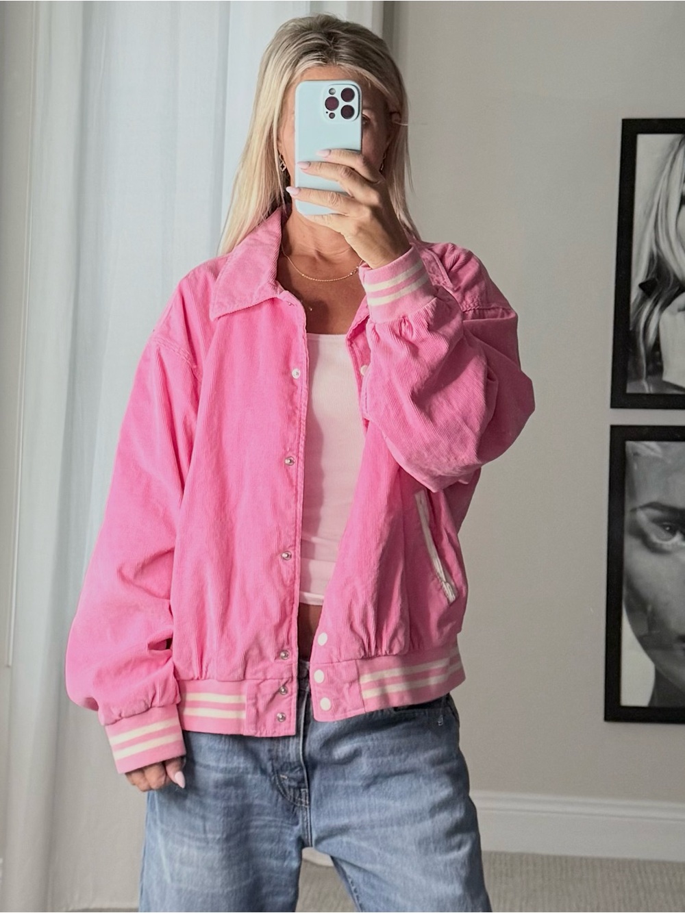 BDG Pink Varsity-Trim Retro Corduroy Bomber Jacket